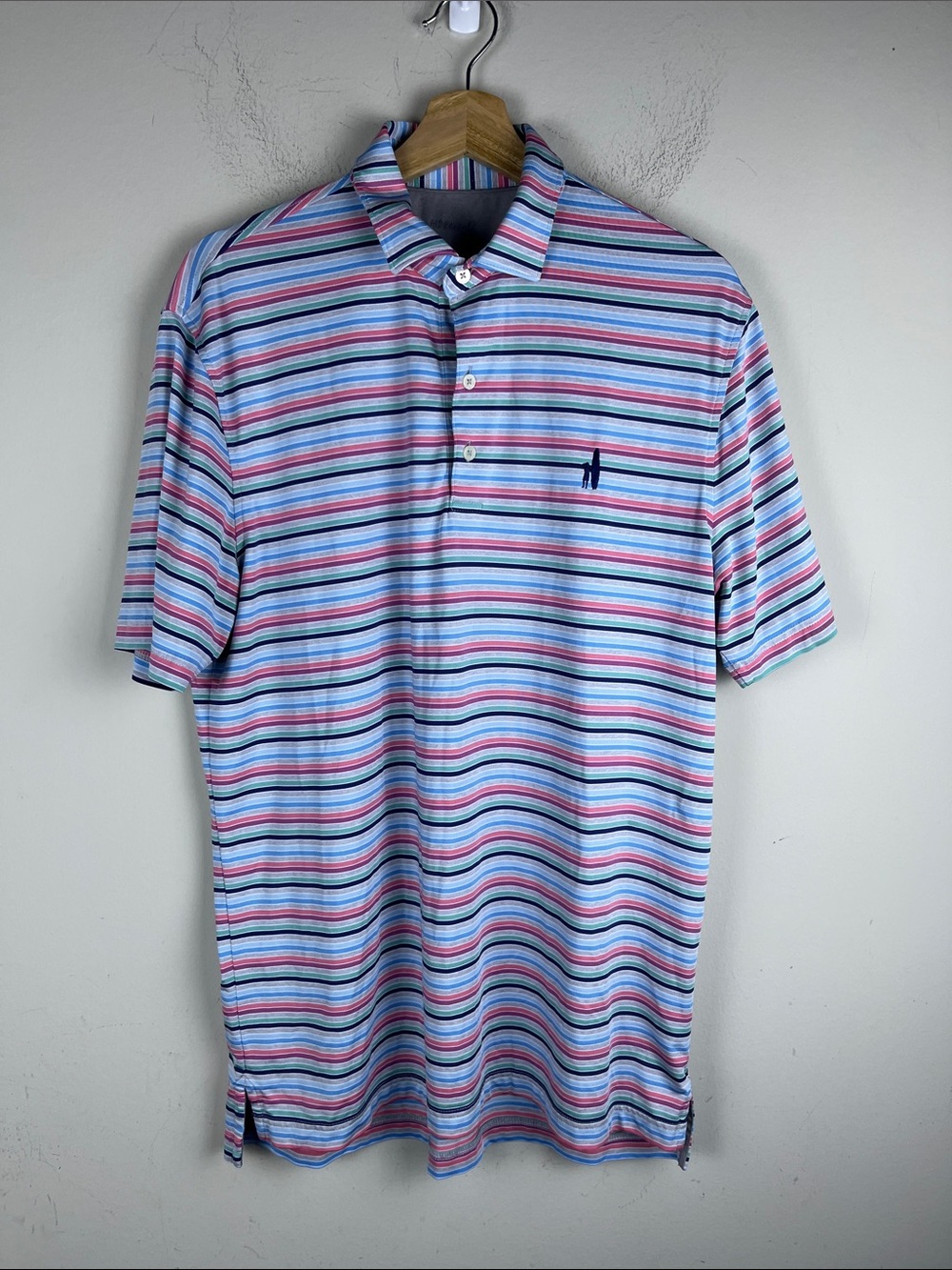 johnnie-O Men's Medium Multistripe Polo Light Blue Pink Navy Golf Shirt